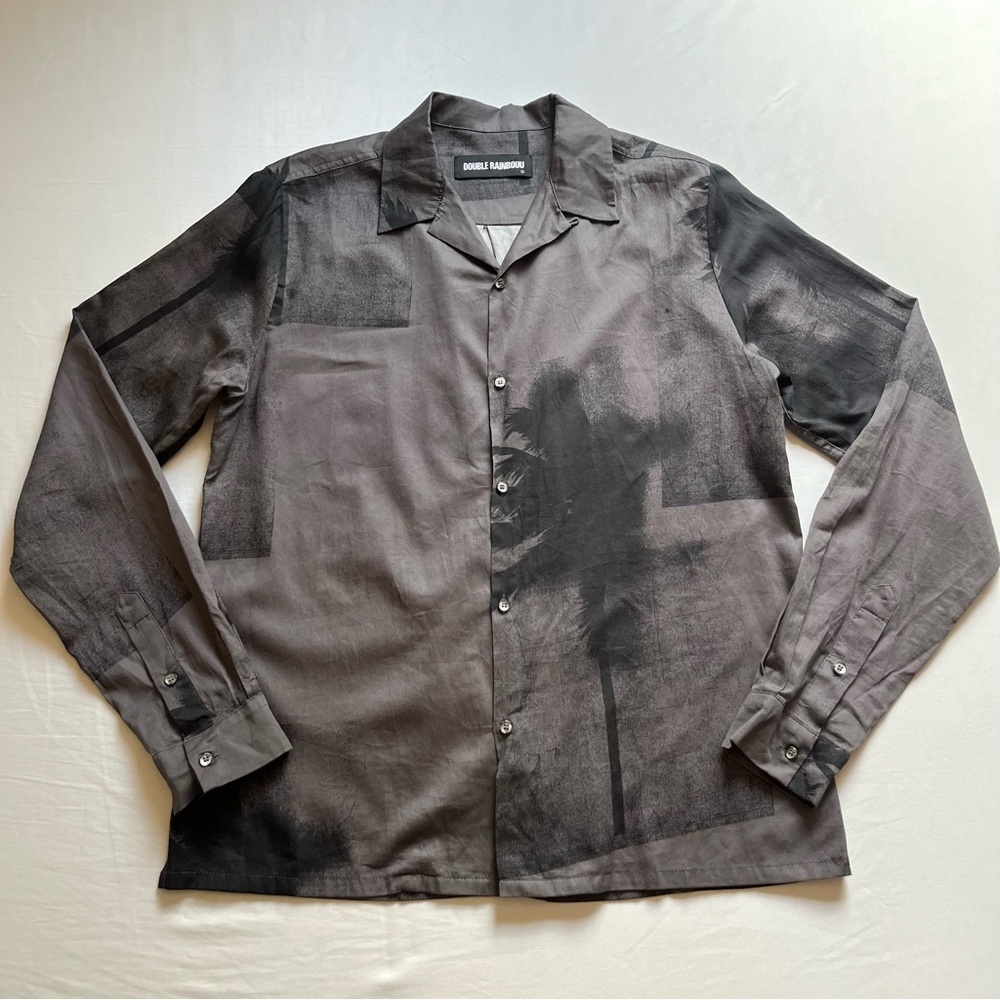 DOUBLE RAINBOUU grey palm tree tropical graphic long sleeve button up shirt
